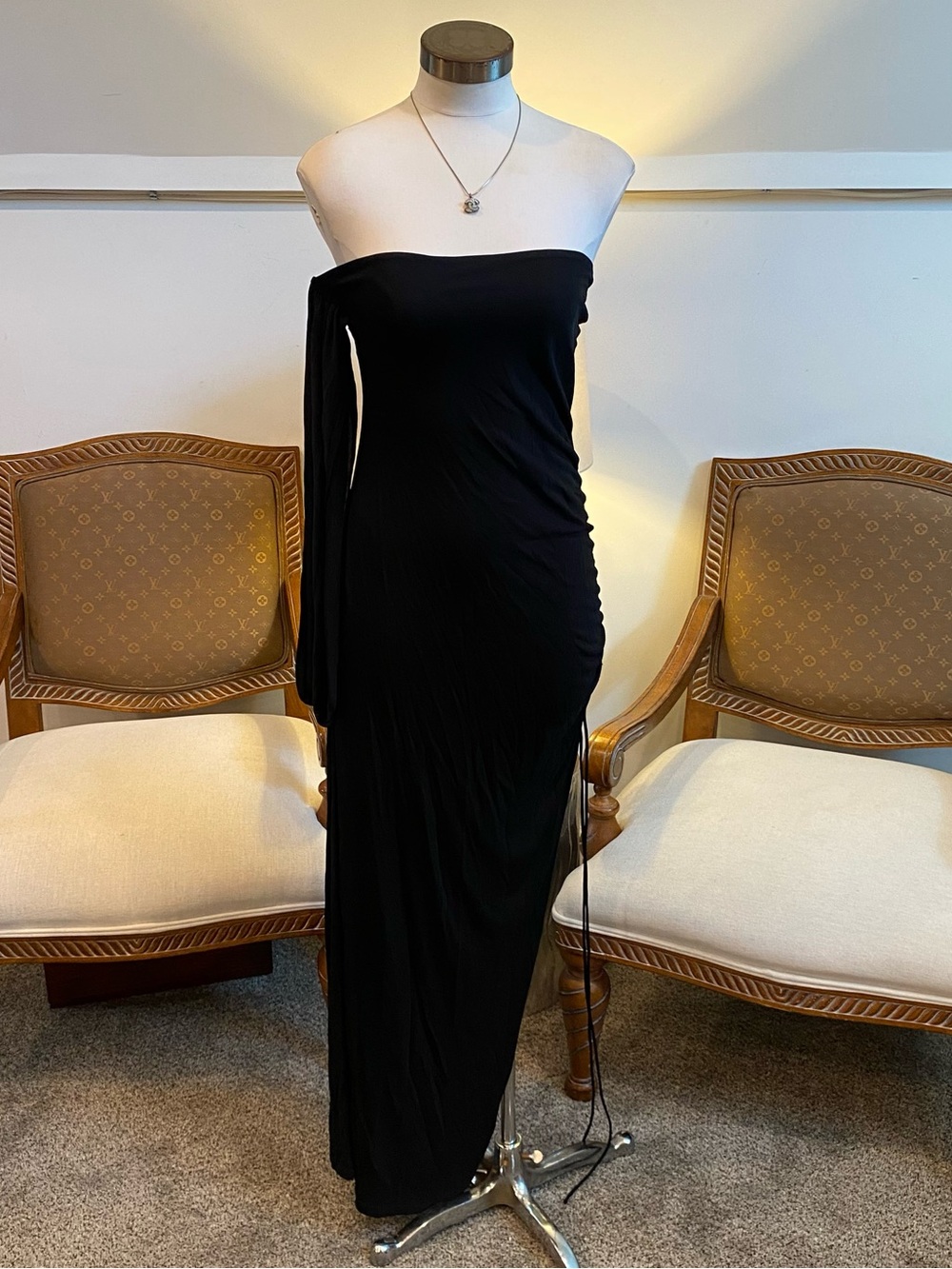 Vintage 90s Eric Gaskin Strapless Black Maxi Dress 8 M Rayon Side Ruched Detail